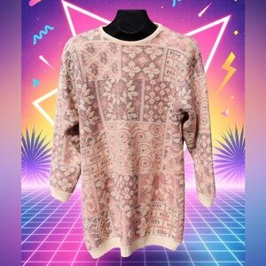 Vintage Happiness 1980s Patchwork Knit Crewneck Sweater Cream Pink Gray Size L